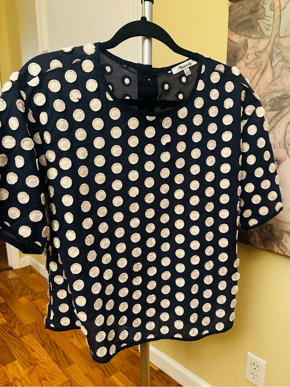Madewell Navy Short Sleeve Polka Dot Top with Cream Dots